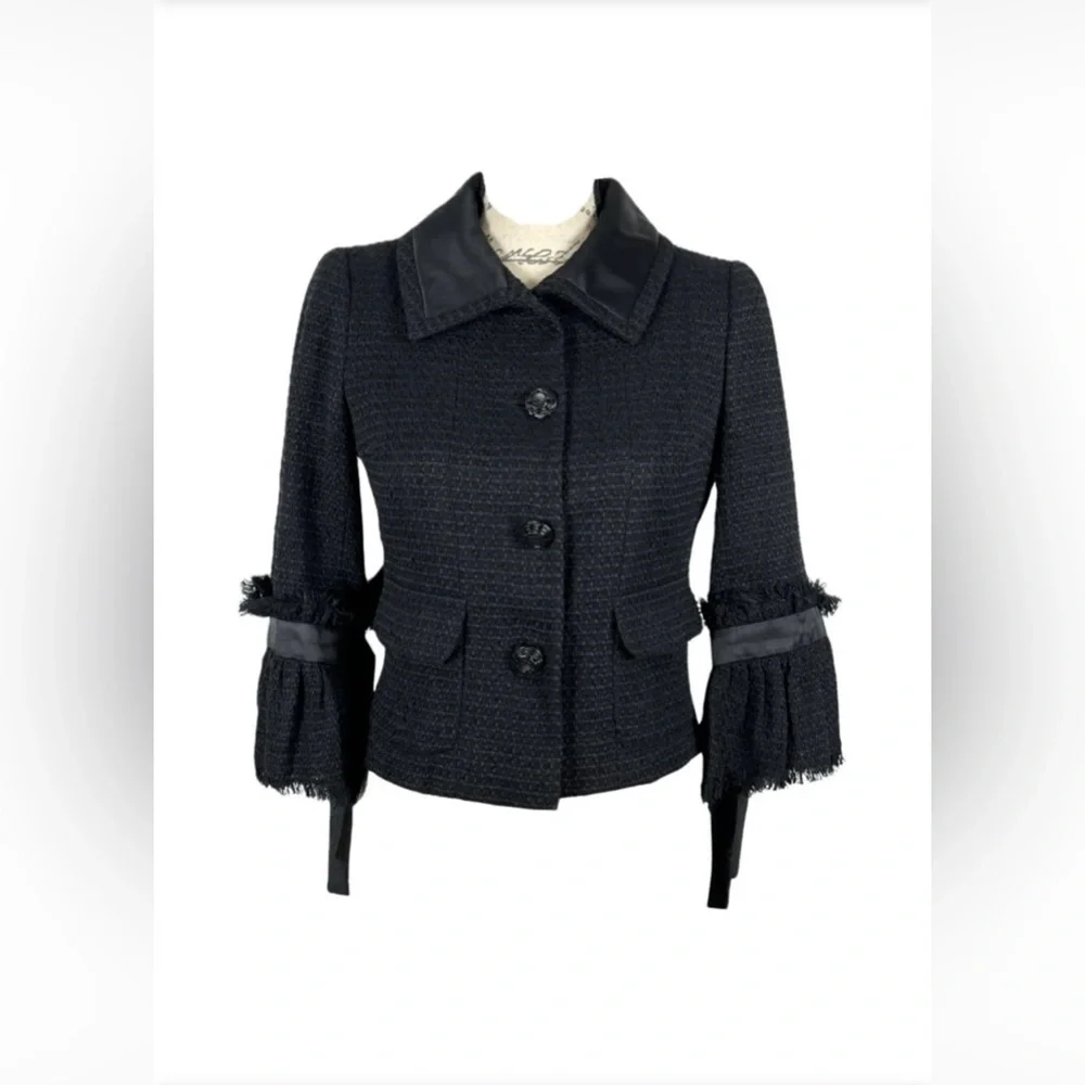 Chanel New CC Camellia Buttons Black Tweed Double Breasted Jacket size 44